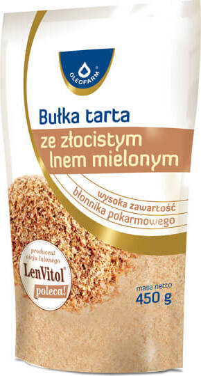 Semmelbrösel mit goldgelbem gemahlenem Flachs in 450g Packung von OLEOFARM, Nahaufnahme