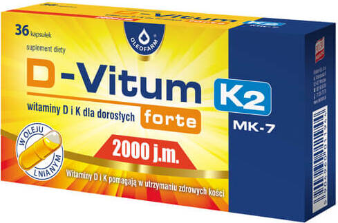 Vitamin K und D für Erwachsene D - Vitum FORTE D3 2000 IE natürliches K2 MK - 7 75 mcg 36 Kapseln OLEOFARM