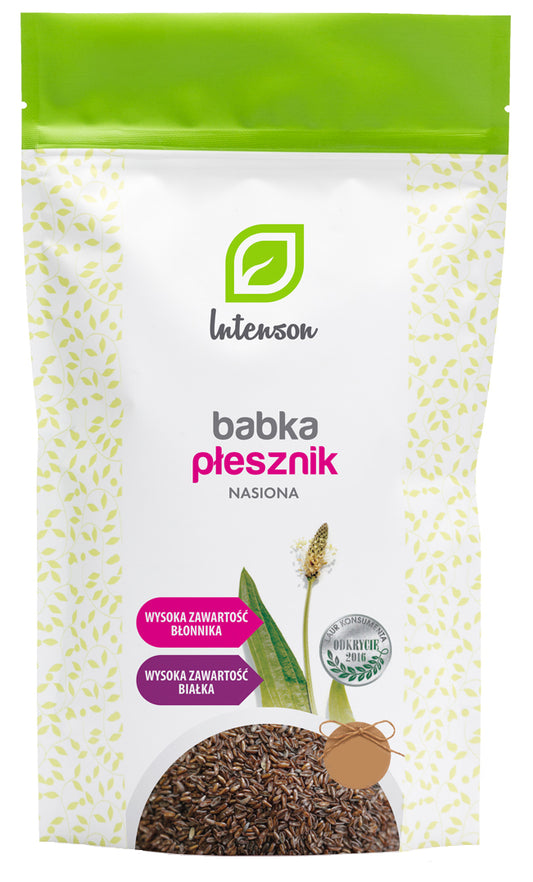 Flohsamen von INTENSON EUROPE, 1000g, frische und getrocknete Pflanzenfasern in einer transparenten Packung.