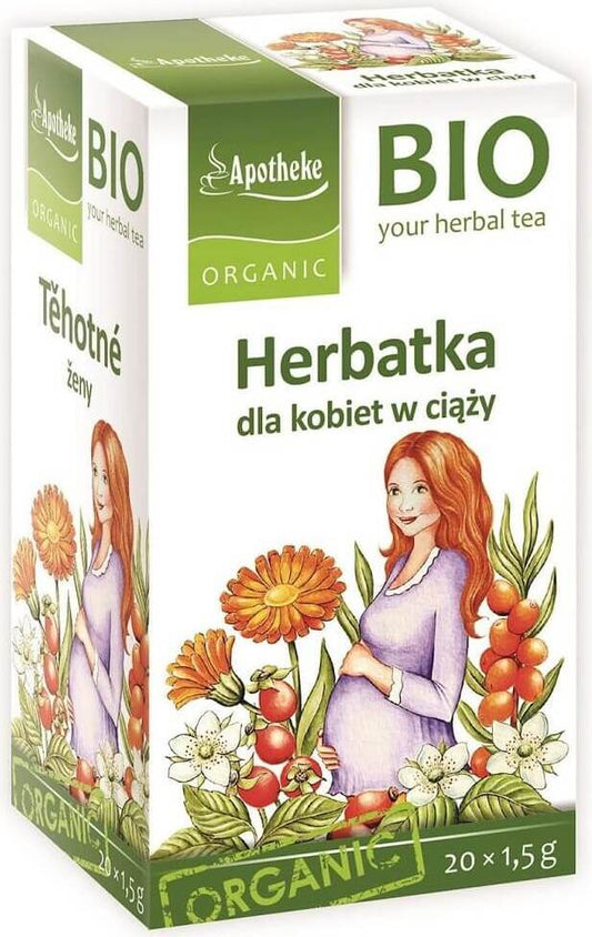 Schwangeren-Bio-Tee von APOTHEKE, 20 Beutel à 15 g, in einer Packung mit Teebeuteln und Bio-Zutaten.