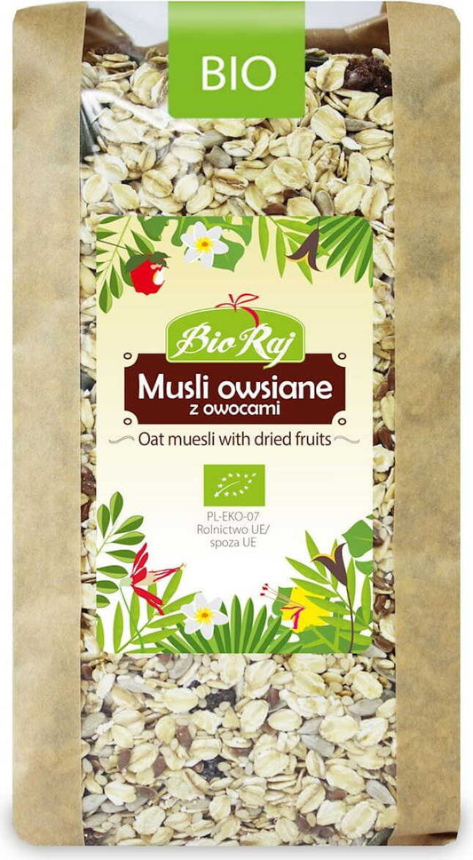Bio Hafermüsli mit Früchten in 700 g Packung, von BIO RAJ, zeigt eine Schüssel mit Müsli, Früchte und Haferflocken.