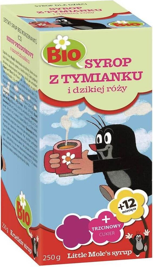 Bio Thymian-Hagebutten-Sirup für Kinder in 250 g Flasche von APOTHEKE, mit frischen Kräutern und Hagebutten.