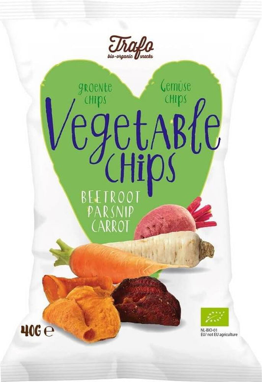 Glutenfreie BIO-Gemüsechips von TRAFO, 40 g, knusprige gesunde Gemüsestücke in einer Verpackung.