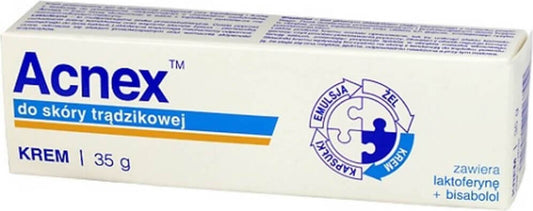 Acnex-Creme von FARMINA mit Lactoferrin und Bisabolol, 35 g, cremige Textur in einer weißen Tube.