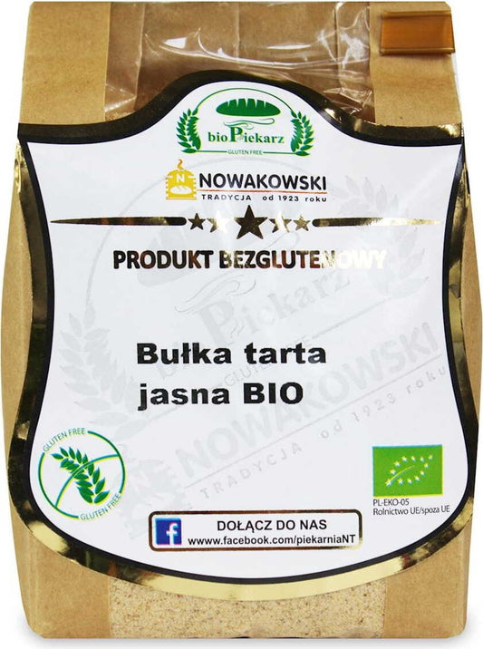 Glutenfreie Bio-Semmelbrösel von BIODAKER NOWAKOWSKI, 300 g, in einer transparenten Verpackung sichtbar.