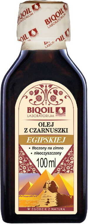Ägyptisches Schwarzkümmelöl von BIOOIL in 100ml Flasche, kaltgepresst, roh, mit dunklem Flaschenhintergrund