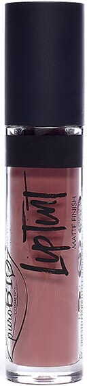 Flüssiger Lippenstift 03 von PUROBIO in einem eleganten Flakon, sichtbare Applikator und leuchtende Lippenfarbe.