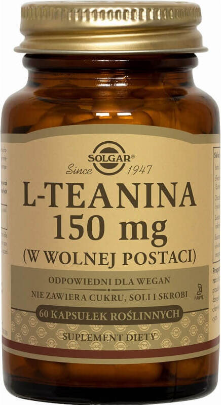 L-Theanin in freier Form, 150 mg, 60 Kapseln, von SOLGAR, zeigt die Kapseln in einer natürlichen Verpackung.