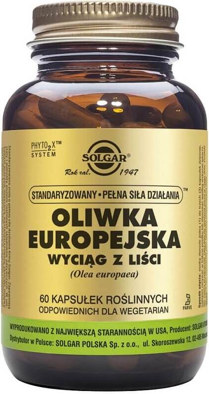 Europäischer Olivenblattextrakt in 60 Kapseln, von SOLGAR, zeigt die Kapseln in einer offenen Verpackung.