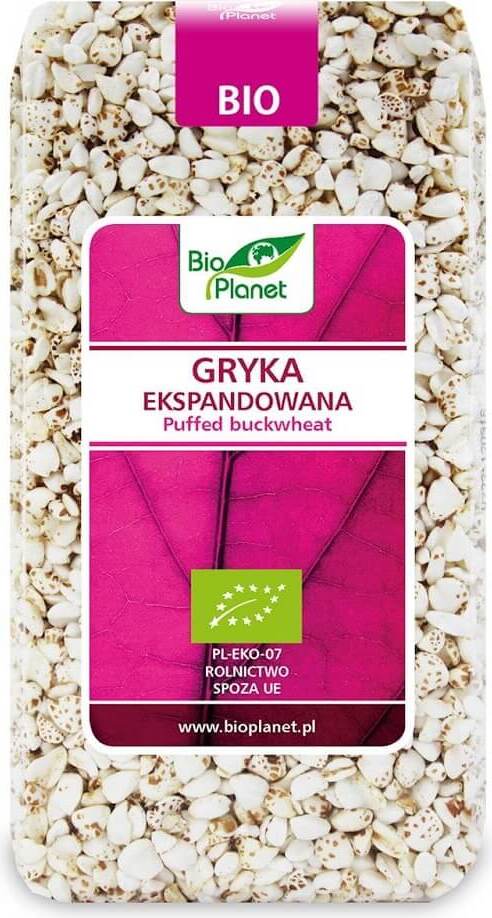 Bio-geschälter Buchweizen aus biologischer Landwirtschaft, 50 g, von BIO PLANET, zeigt die helle, expandierte Saat in einer Packung