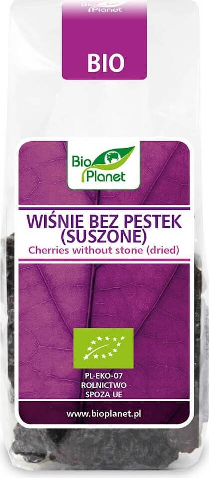 Getrocknete, entkernte Bio-Kirschen von BIO PLANET in 100 g Verpackung, frisch und saftig, ideal für Snacks und Desserts.