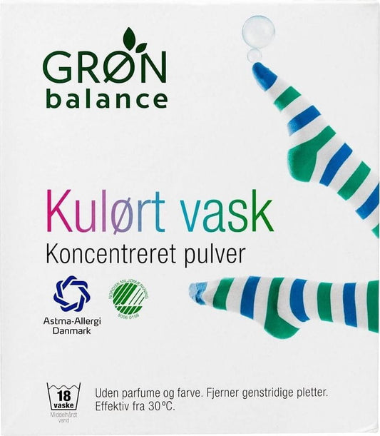 Farbiges Waschpulver GRON BALANCE in 785 g Dose, mit bunten Waschmittelpulver für farbige Textilien, Verpackung und Pulver sichtbar