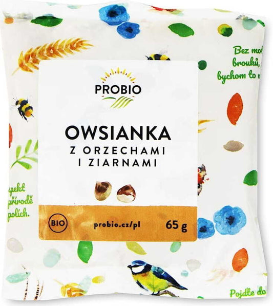 Bio Haferflocken mit Nüssen und Samen in 65g Packung, PROBIO, mit sichtbaren Haferflocken, Nüssen und Samen.