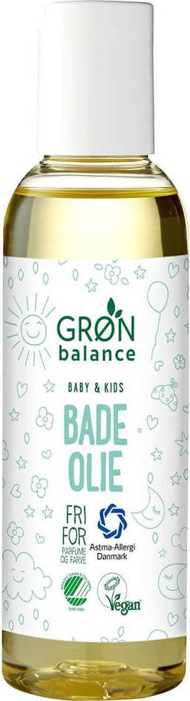 Babybadeöl von GRON BALANCE in 150 ml Flasche, zeigt die Verpackung mit sanften Inhaltsstoffen für die Babypflege