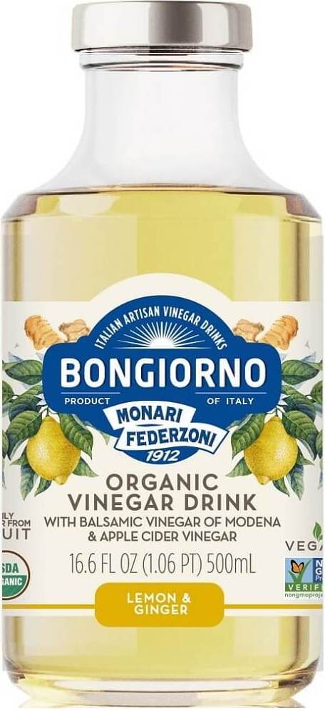 Bongiorno Zitronen-Ingwer Getränk mit Balsamico-Essig aus Modena, 500 ml, in einer Flasche auf weißem Hintergrund