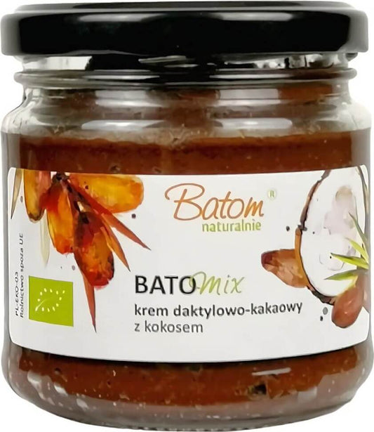 Bio Dattel- und Kakaocreme mit Kokosöl von BATOM in 200 g, cremige Konsistenz, ideal für Brot und Desserts.
