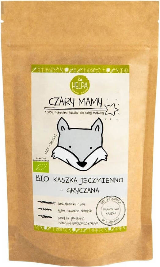 Bio Gersten-Buchweizen-Brei von HELPA, 200 g, cremige Textur, ideal für Babys und Kinder, in natürlicher Verpackung.