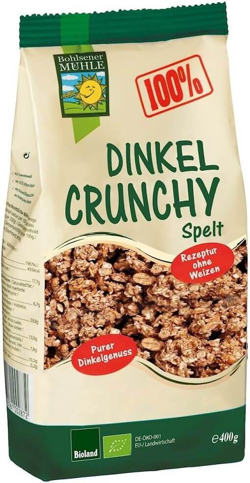 Bio Dinkel Crunchy von BOHLSENER MÜHLE, 400 g, knusprige Dinkel-Getreideflocken in Packung.