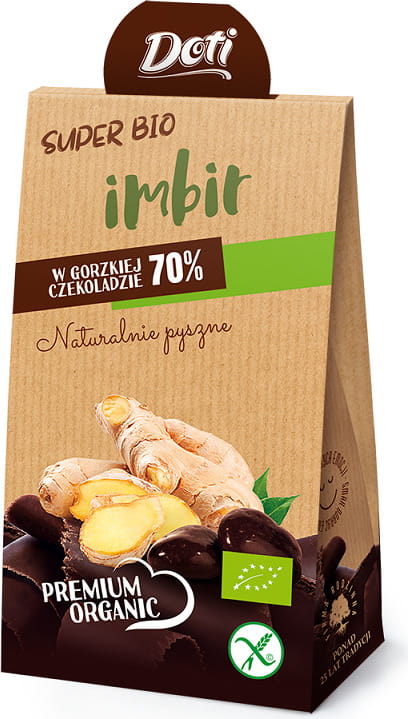 Doti Zartbitterschokolade mit Ingwer, glutenfrei und Bio, 50 g, dunkle Schokolade mit Ingwerstücken auf weißem Hintergrund