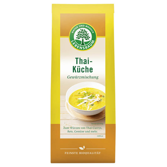 BIO Gewürz für thailändische Küche von LEBENSBAUM, 50 g, getrocknete Gewürzmischung in Glasbehälter auf weißem Hintergrund