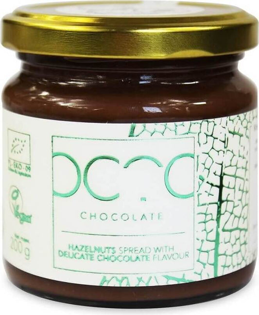 Bio Haselnusscreme mit zarter Schokoladennote von COCOA in 200 g Glas, cremige Konsistenz, ideal für Brot und Desserts.