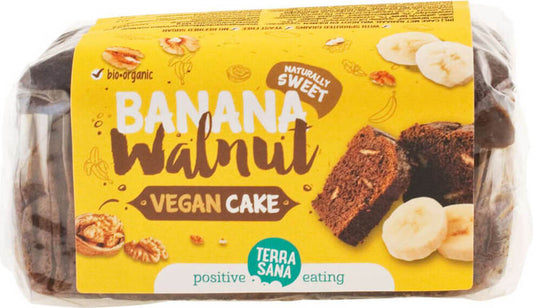 Bananenkuchen mit Walnüssen von TERRASANA, BIO, 350 g, saftig und frisch mit Nüssen im goldbraunen Kuchen.