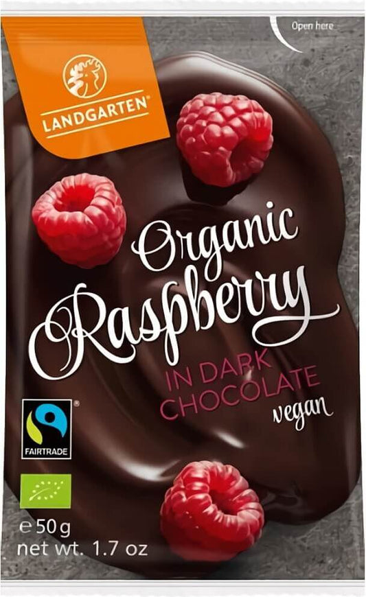 Gefriergetrocknete Himbeeren in Zartbitterschokolade von LANDGARTEN, glutenfrei, fair gehandelt, Bio, 50 g.