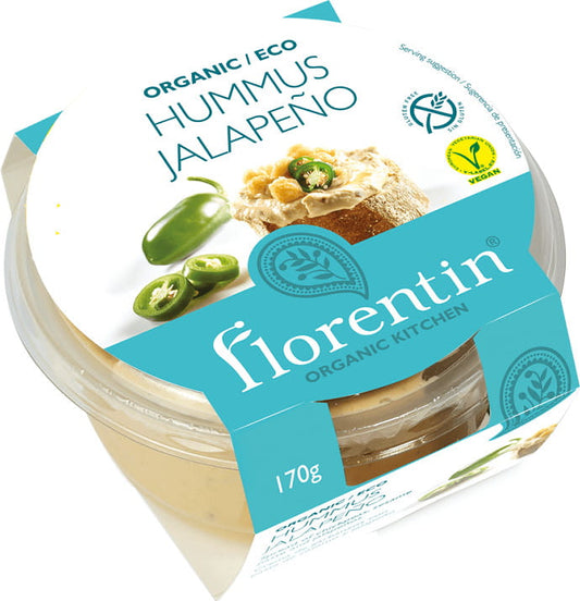 Glutenfreier Bio-Jalapeño-Hummus von FLORENTIN in 170 g, cremiger Dip mit scharfen Jalapeños und frischen Zutaten.