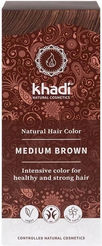 Mittelbraune KHADI Henna Packung von biogo, zeigt die hennafarbenen Pulver und Verpackung in natürlichem Design