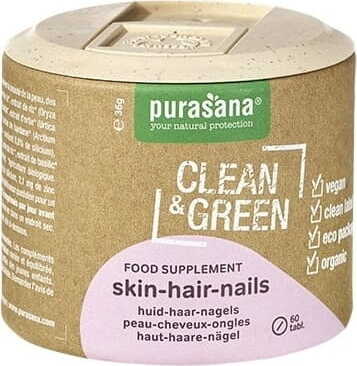 Purasana Haut-Haare-Nägel Bio-Tabletten, 36 g, 60 Stück, natürliche Nahrungsergänzung für Haut, Haare und Nägel