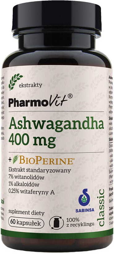 Ginseng - Indischer Ginseng Ashwagandgha 400 mg + Bioperin standardisierter Extrakt 60 Kapseln PHARMOVIT Hover Image