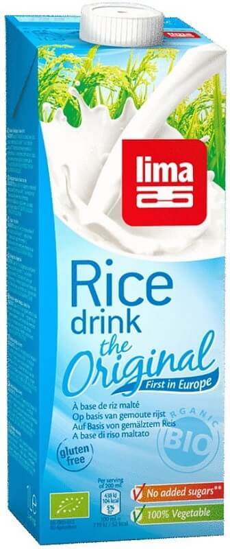 Glutenfreies BIO-Reisgetränk von LIMA in 1000 ml Flasche, cremige Textur, natürliche Zutaten, ideal für vegane Ernährung.
