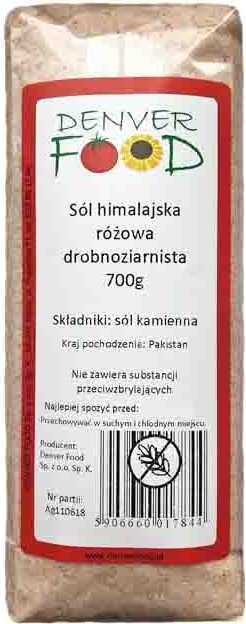 Feinkörniges Himalaya-Rosa-Salz von DENVER FOOD in 700g Packung, zeigt rosa Kristalle auf weißem Hintergrund