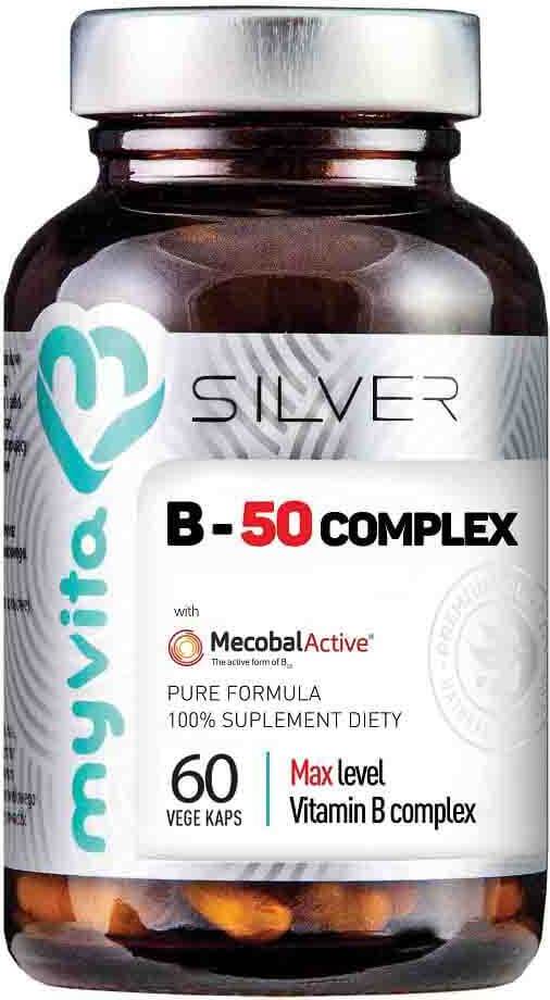 B-Vitamine mit Methylcobalamin B - 50 Komplex mecobalactive 60 Kapseln MYVITA SILVER PURE Hover Image