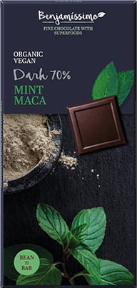 Dunkle vegane Bio-Schokolade mit Minze und Maca, glutenfrei, 70 g, von BIOBENJAMIN, zeigt die Schokoladentafel mit Minzblättern