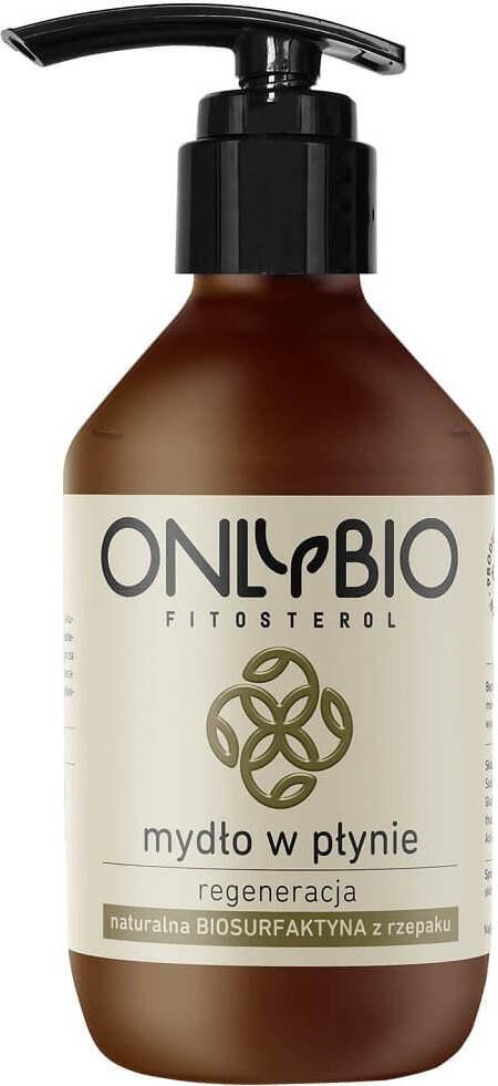 Flüssigseife von ONLYBIO, feuchtigkeitsspendend und pflegend, in 250 ml Flasche, zeigt die Seife in einer transparenten Flasche