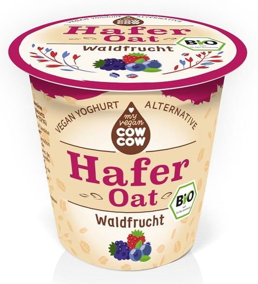 Bio-Haferprodukt Waldfrucht von COW COW, 150 g, mit Hafer und Waldfruchtgeschmack in einer Verpackung.