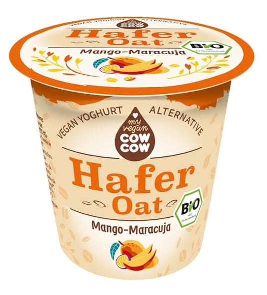 Biologisches Haferprodukt Mango-Passionsfrucht von COW COW, 150 g, zeigt eine Packung mit Mango- und Passionsfrucht-Varianten