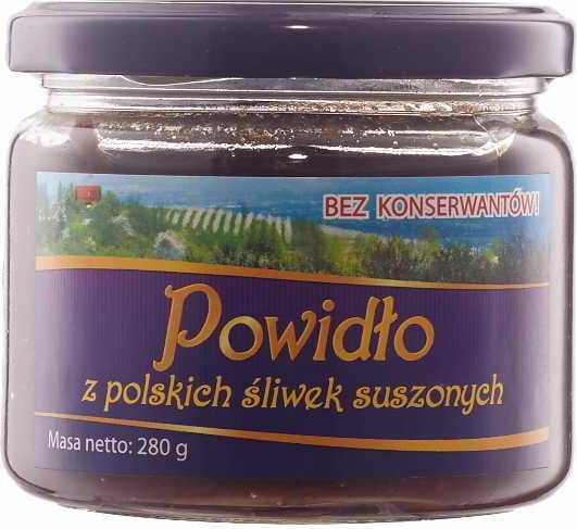 Getrocknete Pflaumenmarmelade ohne Zucker in 280 g von KALEIDOSKOP, Glasglas mit dunkler Marmeladefüllung, Nahaufnahme