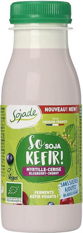 Bio fermentiertes Sojaprodukt Beere mit Kirschgeschmack von SOJADE in 250 ml Flasche, sichtbare Flasche mit Beeren und Kirschfrüchten