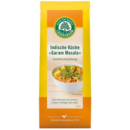 Bio Garam Masala Gewürz von LEBENSBAUM in 40 g Dose, zeigt gemahlenes indisches Gewürz in einer transparenten Verpackung