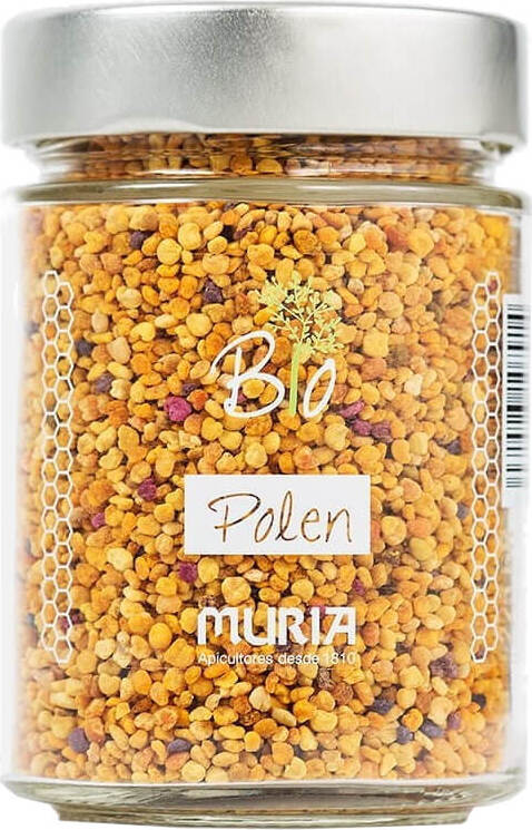 BIO Bienenpollen von MURIA in 225 g Packung, Nahaufnahme der goldgelben Pollen auf einem natürlichen Hintergrund