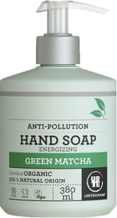 Grüne Bio Handseife mit Matcha von URTEKRAM, 380 ml Flasche, zeigt die natürliche Seifenform und grüne Farbe.
