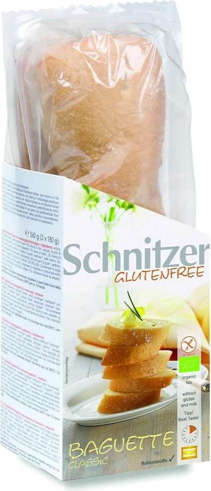 Glutenfreie Bio-Maisbaguette von ECOR, 360 g, frisch gebacken, mit knuspriger Kruste und weichem Inneren, auf einem Holzteller.