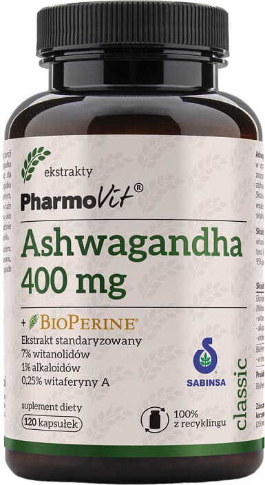 Ginseng - Indischer Ginseng Ashwagandgha 400 mg + Bioperin standardisierter Extrakt 120 Kapseln PHARMOVIT Hover Image