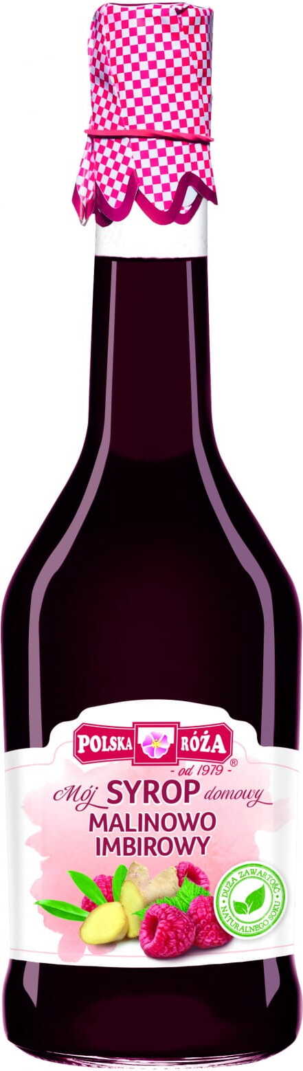 Himbeer-Ingwer-Sirup in 500 ml Flasche von POLSKA RÓŻA, Nahaufnahme der Flasche mit Früchten und Ingwer.