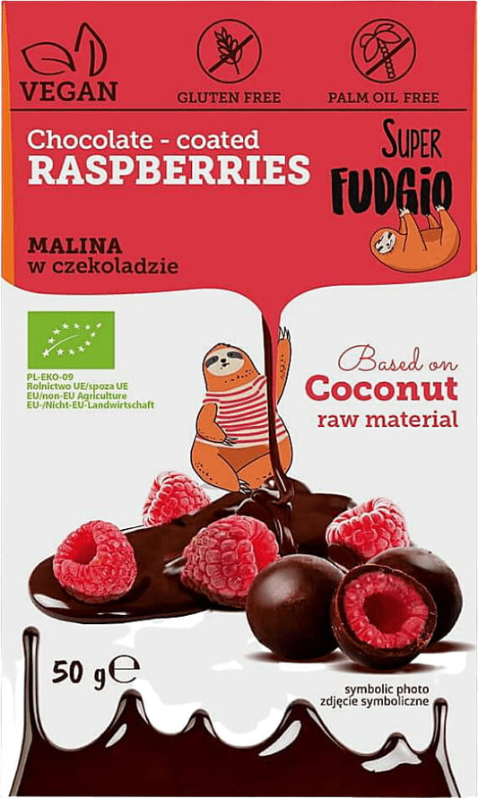 Gefriergetrocknete Himbeeren in Schokolade, Bio, 50 g, von MEGUSTO, liegend in einer Verpackung, detailreiche Nahaufnahme
