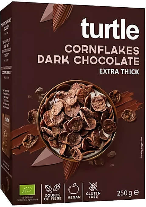 Bio glutenfreie Cornflakes mit Zartbitterschokolade von Turtle, 250 g, in einer Schale auf weißem Hintergrund.