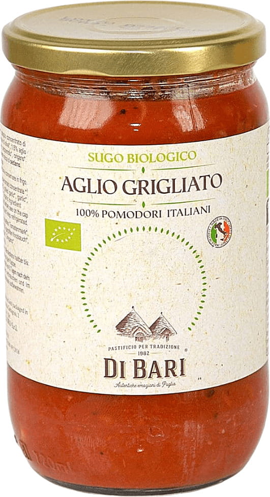 Biologische Tomatensauce mit gegrilltem Knoblauch von PASTIFICIO DI BARI in 680 g Glas, frisch und aromatisch.