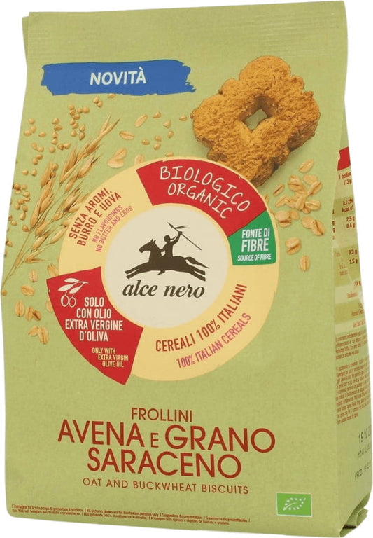 Bio Haferkekse mit Buchweizen und Olivenöl von ALCE NERO, 250 g, natürliche und knusprige Kekse im Bild.